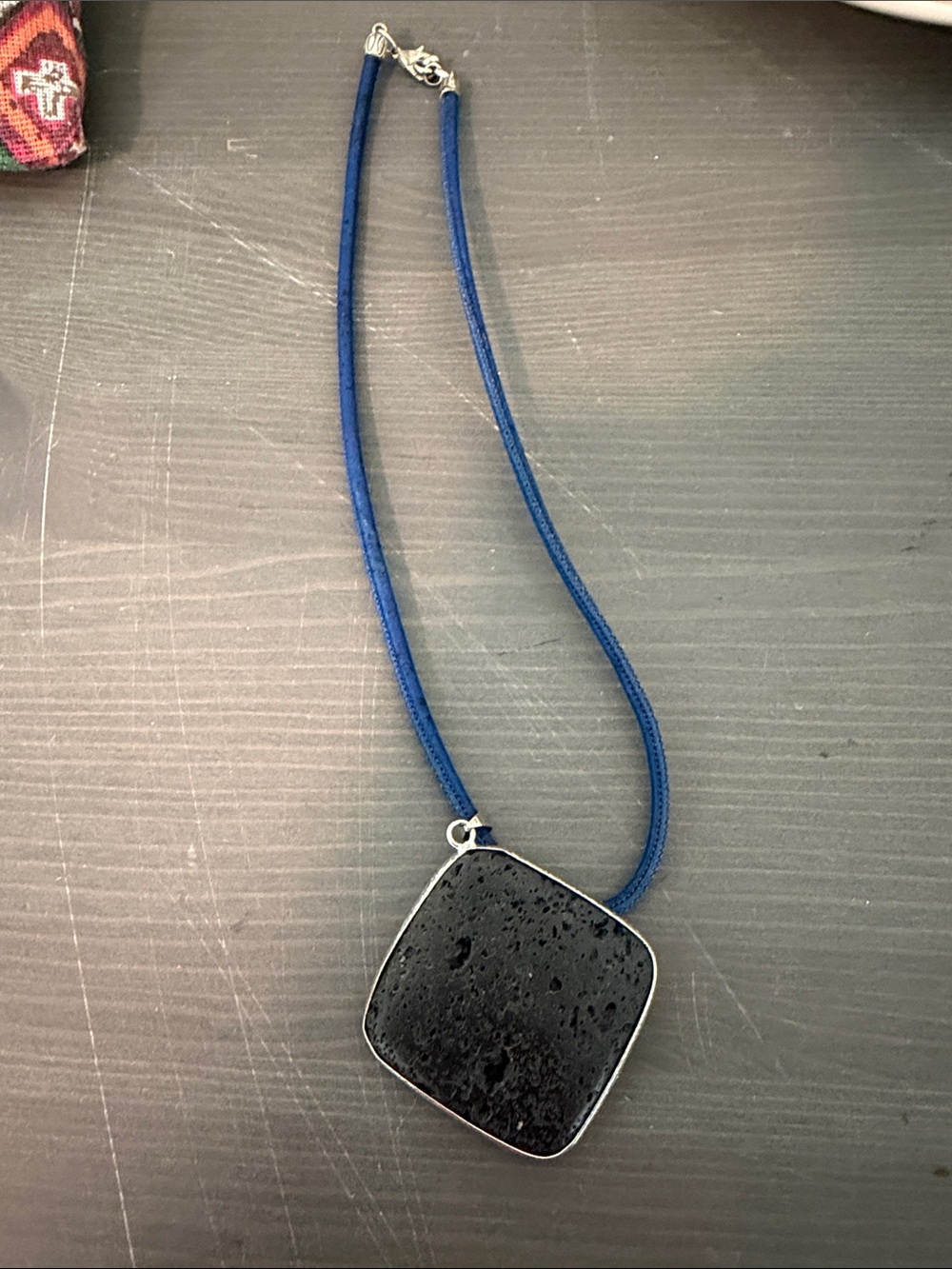Black Lava Stone Pendant Necklace with Blue Leather Cord